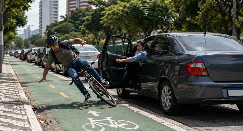 Passageiro abre porta do carro e derruba ciclista: quem responde pela multa e pelo acidente?